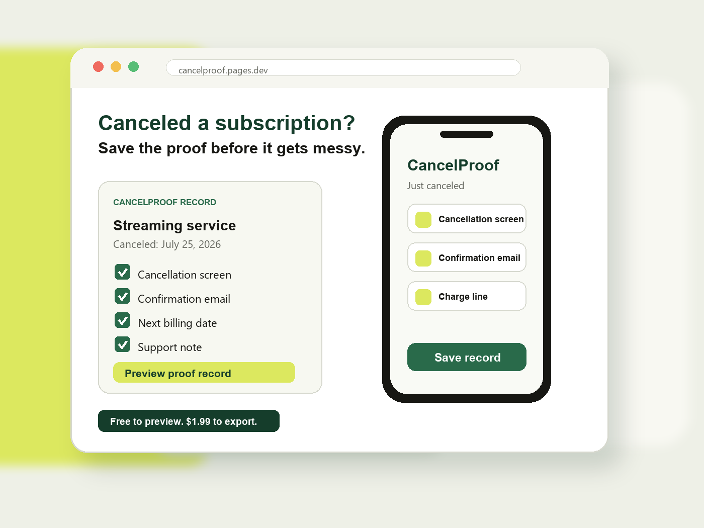 CancelProof subscription cancellation proof record demo